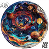 A colorful wooden 3D animal puzzle featuring planets and celestial bodies for a family game.