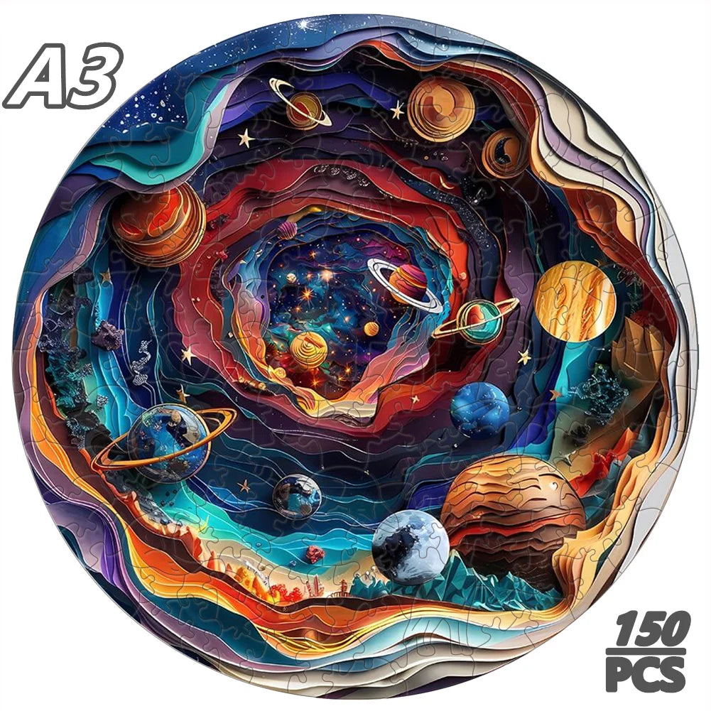 A colorful wooden 3D animal puzzle featuring planets and celestial bodies for a family game.
