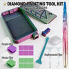 A diamond painting tool kit featuring a iridescent tray, various colored clays, and replacement tips.