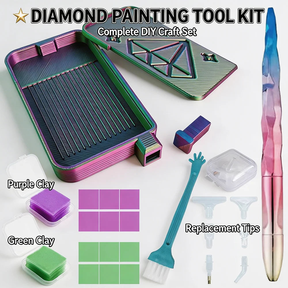 A diamond painting tool kit featuring a iridescent tray, various colored clays, and replacement tips.