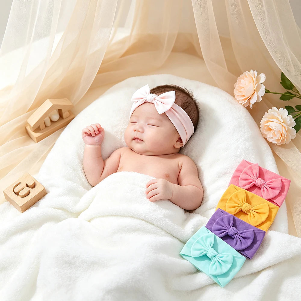 A newborn baby is sleeping peacefully on a white blanket surrounded by pink and yellow fabric bows.