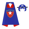 A blue superhero cape and mask set featuring a shield emblem with a star and the letter A