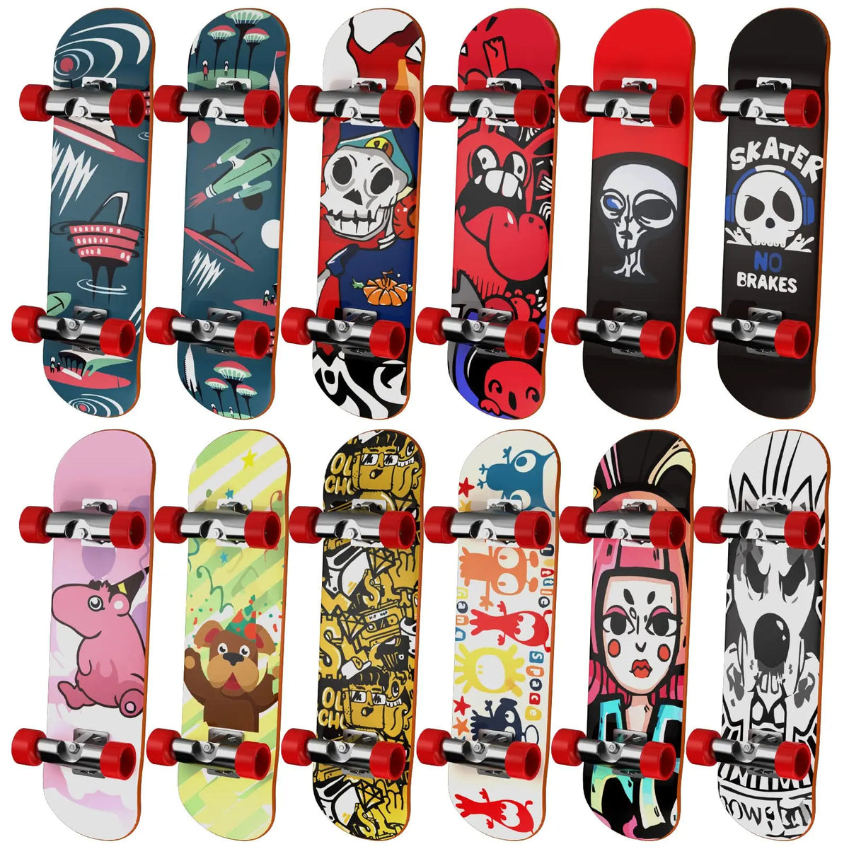 A collection of mini finger skateboards in various colors and designs for trick practice.