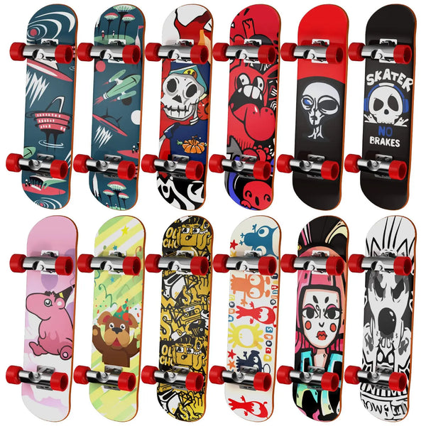 A collection of mini finger skateboards in various colors and designs for trick practice.