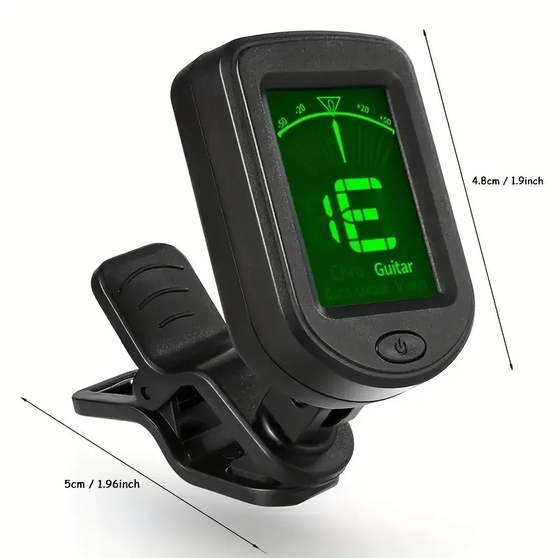 Black clip-on digital tuner for guitar with an electronic display showing E tuning.