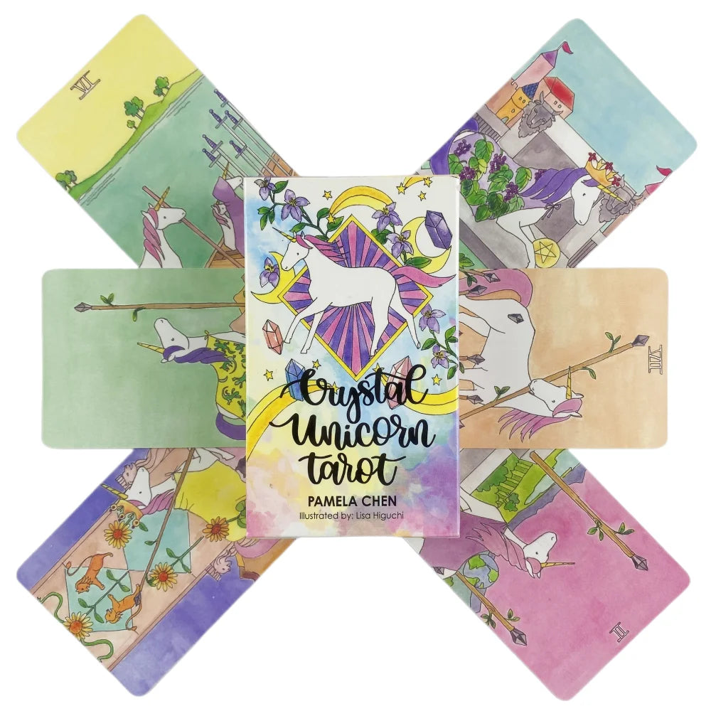 A spread of Crystal Unicorn tarot cards featuring illustrations of unicorns and magical scenes.