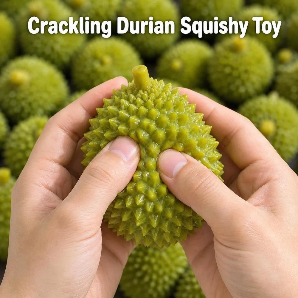 A person is holding a green durian fruit toy with a spiky texture.