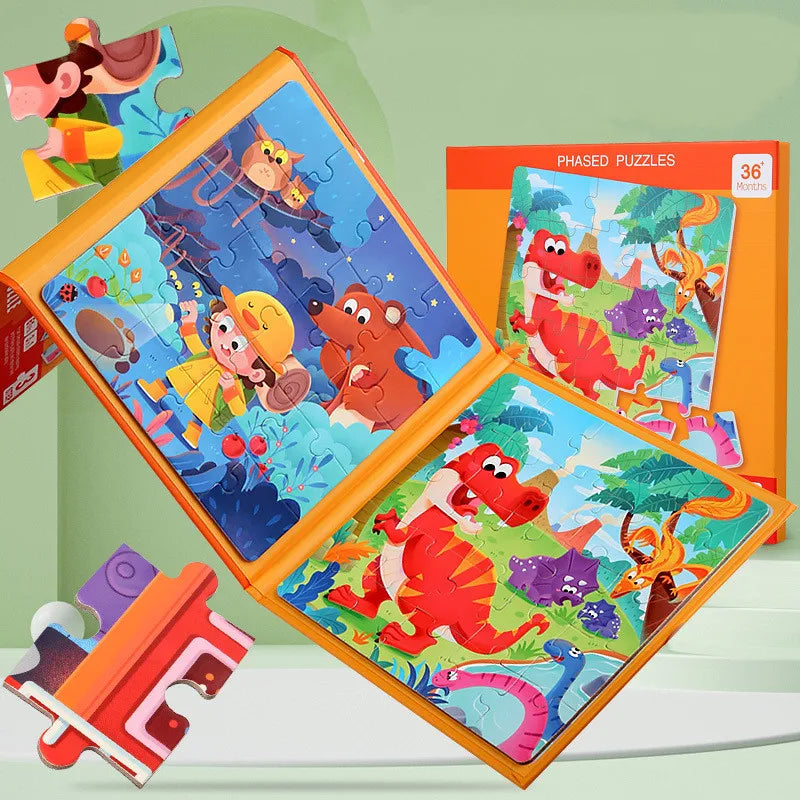 An open magnetic puzzle book showing dinosaur, vehicle, and ocean themed puzzles for kids.