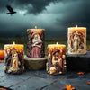 A collection of Halloween witch portrait silicone candles featuring detailed figures and skulls on dark stone surfaces.