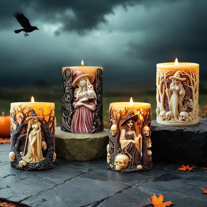 A collection of Halloween witch portrait silicone candles featuring detailed figures and skulls on dark stone surfaces.