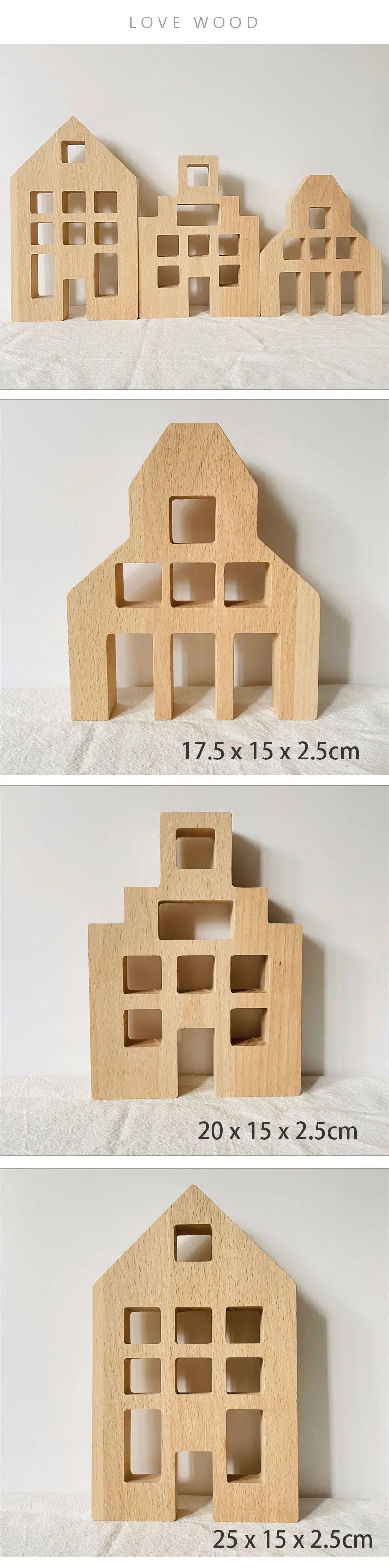 Wooden building blocks shaped like houses in light wood color, showing various sizes.