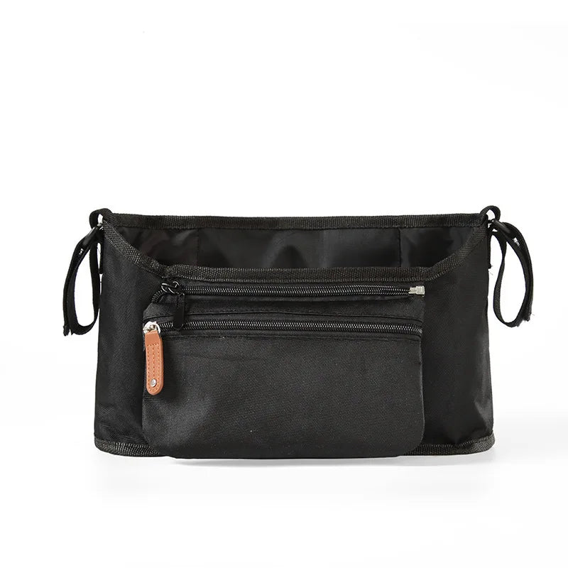 Black large capacity stroller organizer bag with hanging hooks and zippered compartments