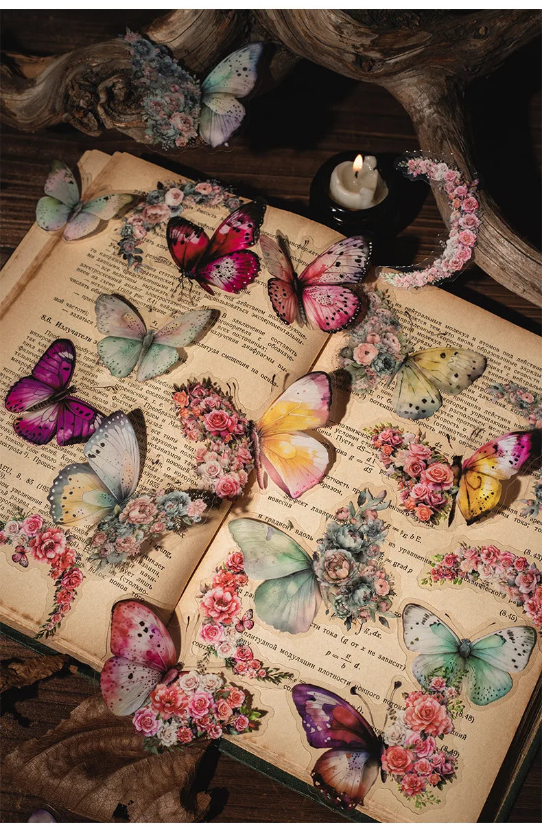 A set of decorative stickers featuring butterflies and flowers on aged paper.