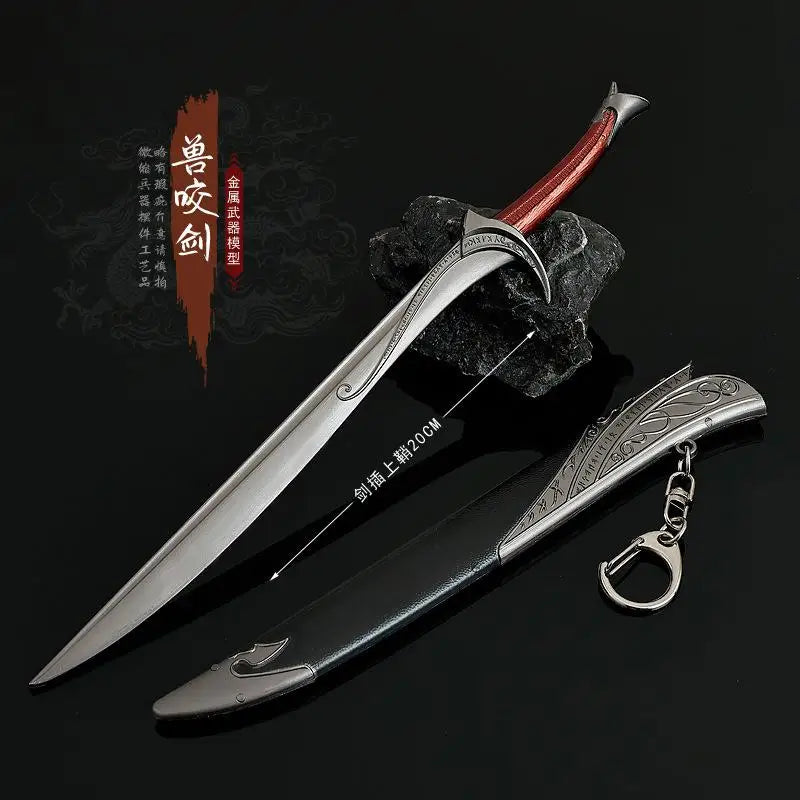 A replica Orcrist sword model with a red hilt and scabbard, displayed against a dark background.