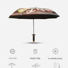 A brown and black 3-fold umbrella with a decorative pattern, showing its dimensions and features.