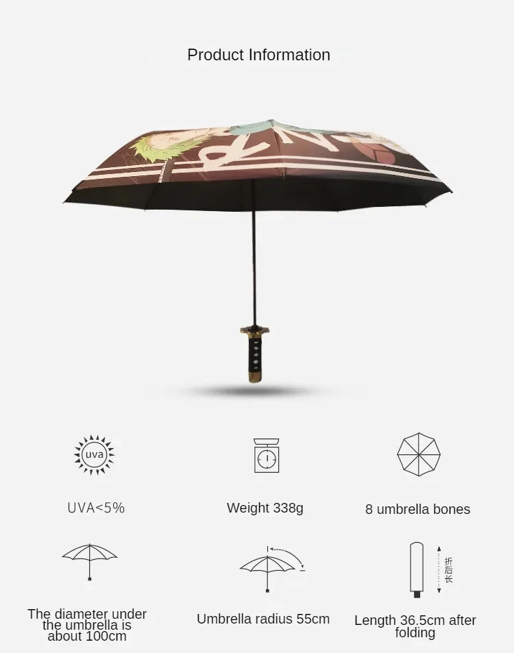 A brown and black 3-fold umbrella with a decorative pattern, showing its dimensions and features.