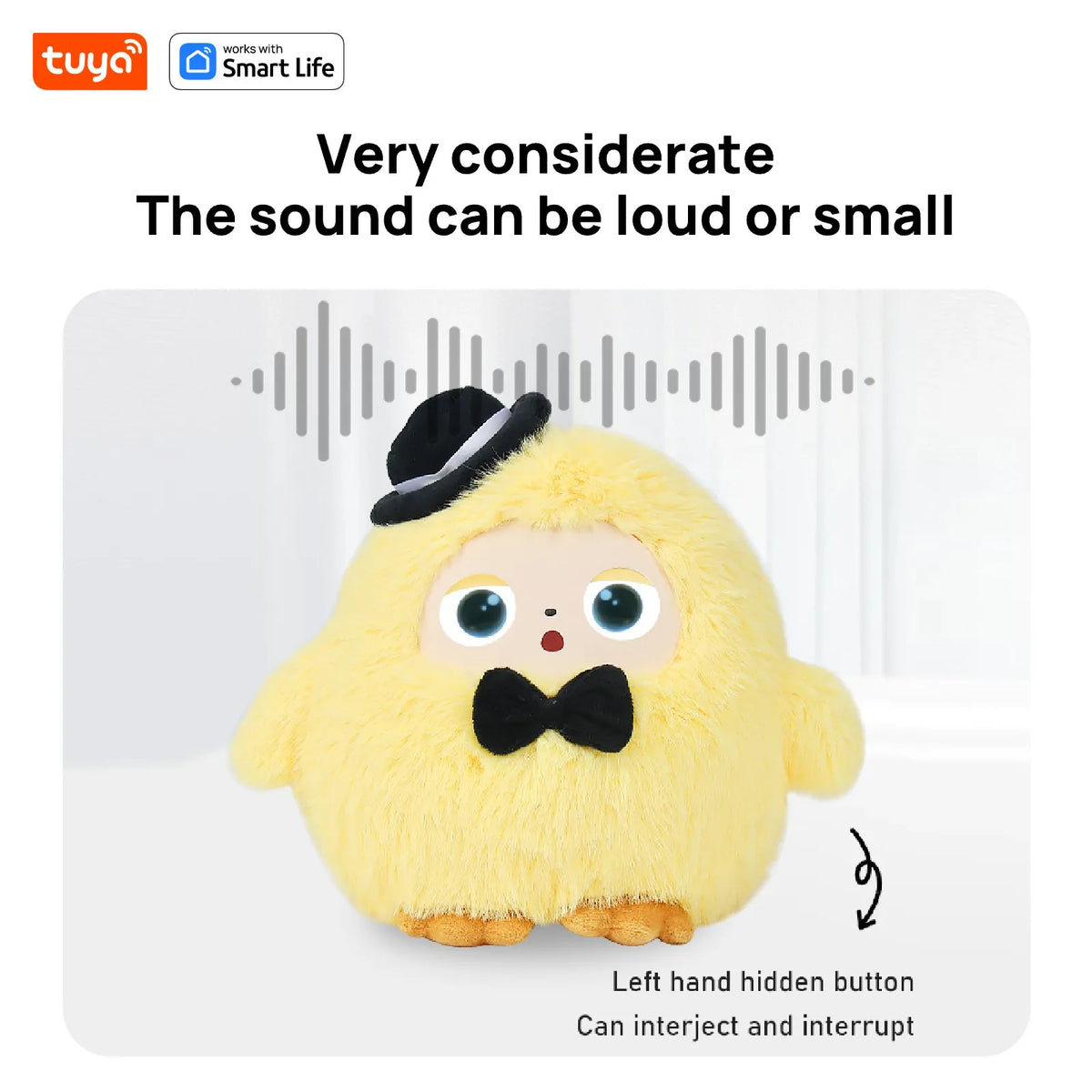 A yellow plush robot with a black bow tie and hat is shown, demonstrating sound volume control.
