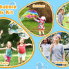 A kit of giant bubble wands and accessories for outdoor fun, showing family and party activities.