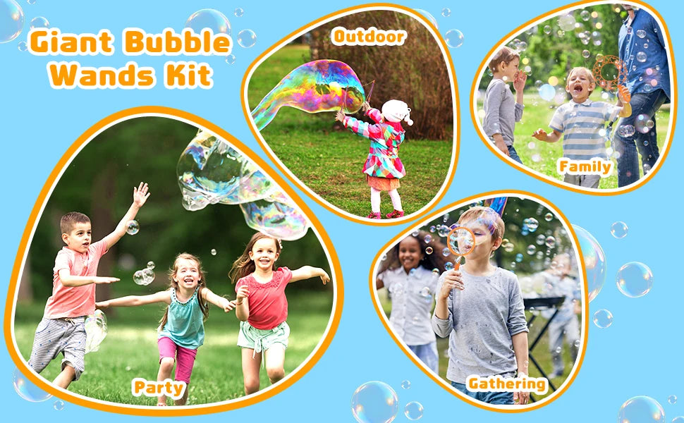 A kit of giant bubble wands and accessories for outdoor fun, showing family and party activities.