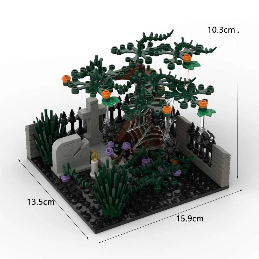A miniature haunted house diorama built from building blocks featuring dark green foliage, stone structures, and spooky detai