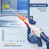 An orange and blue water blaster toy gun is shown with a range chart demonstrating its long-range capability.