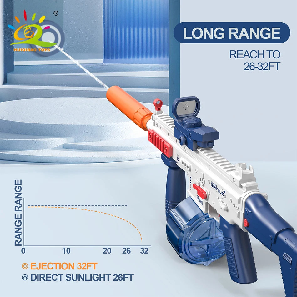 An orange and blue water blaster toy gun is shown with a range chart demonstrating its long-range capability.