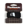 A black guitar string dampener with a white wolf head design and mounting strips.