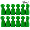 A set of twelve wooden game pawns in six different shades of green.