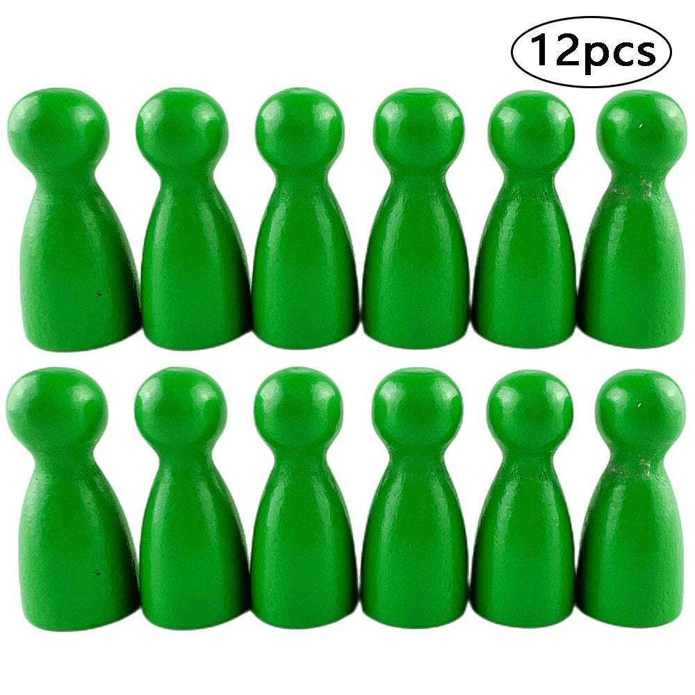 A set of twelve wooden game pawns in six different shades of green.