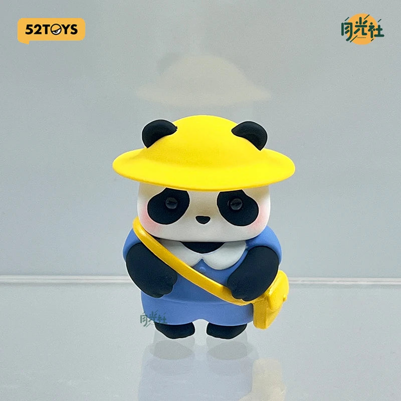 A collectible figure of a panda wearing a yellow hat and blue overalls.