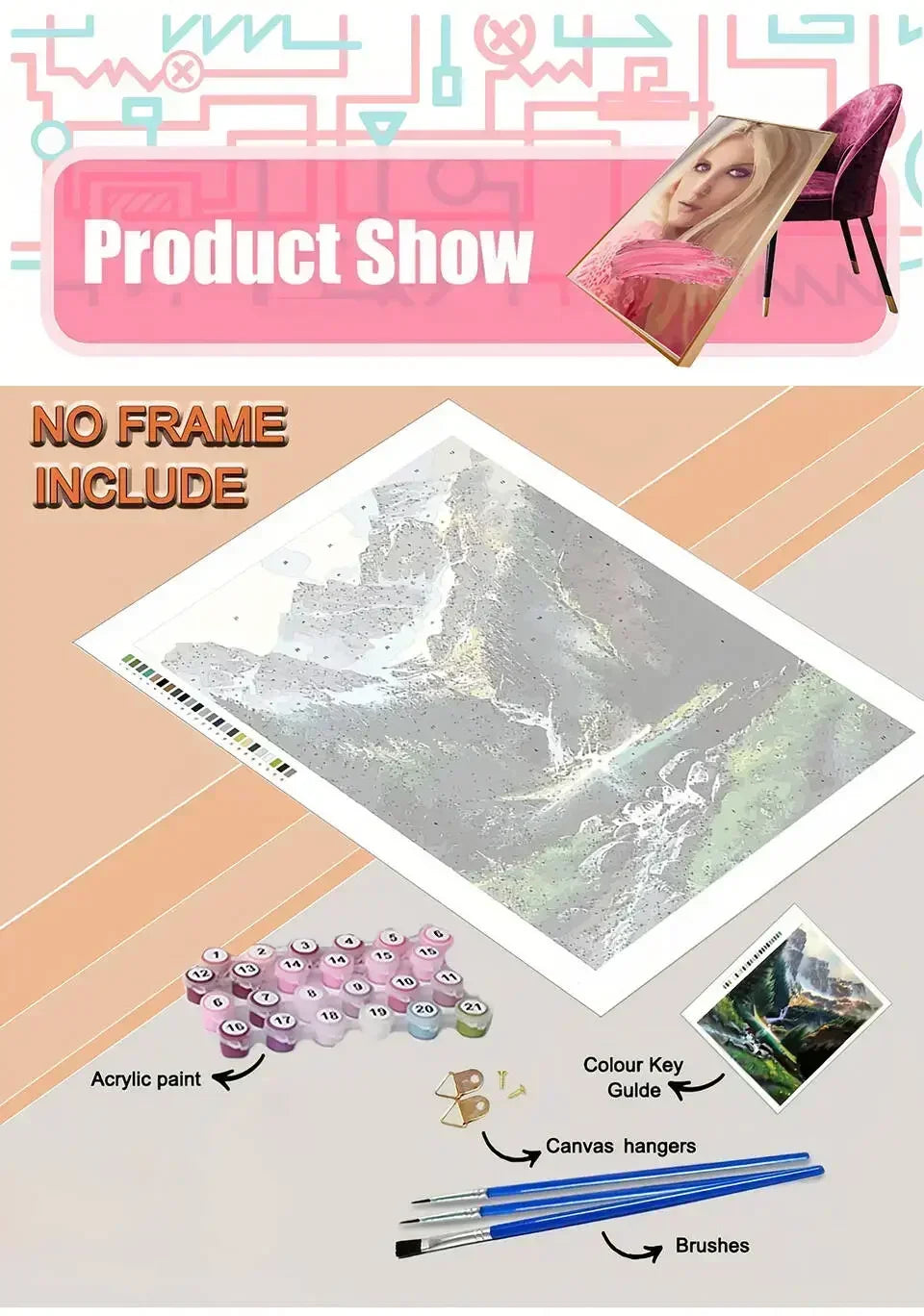 DIY Paint by Numbers kit showing acrylic paint, brushes, and canvas hangers for a product show display.