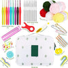 A collection of crochet and knitting tools including hooks, needles, markers, and a storage bag.