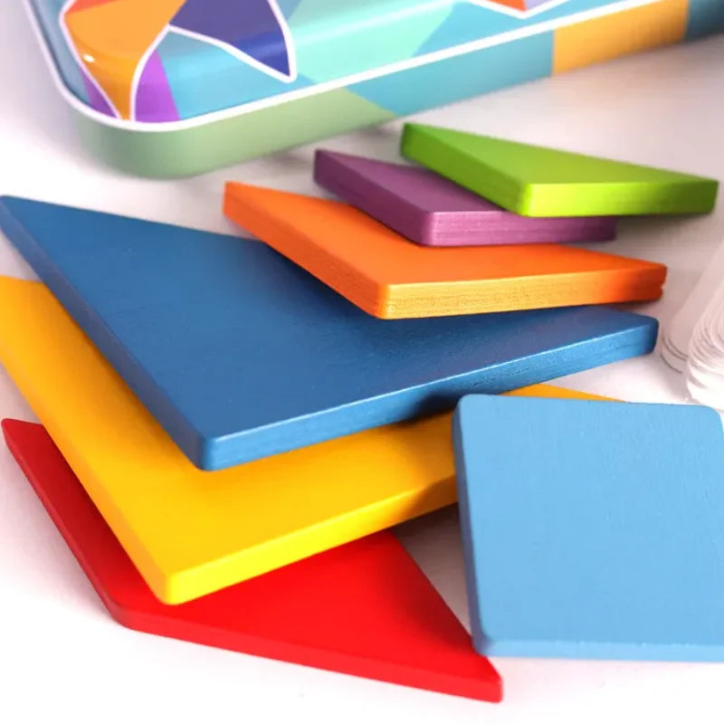 A colorful wooden animal tangram puzzle set featuring various geometric shapes in bright colors.