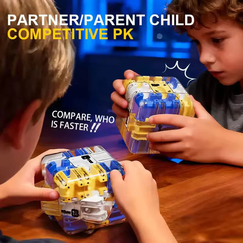 A child is playing with a yellow and blue 3D maze puzzle ball in a competitive setting.