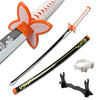 A pink and orange cosplay sword replica of a katana with a bamboo handle and decorative hilt.