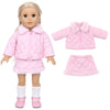 A pink faux fur winter coat and dress outfit for an 18-inch doll, including a jacket and skirt.