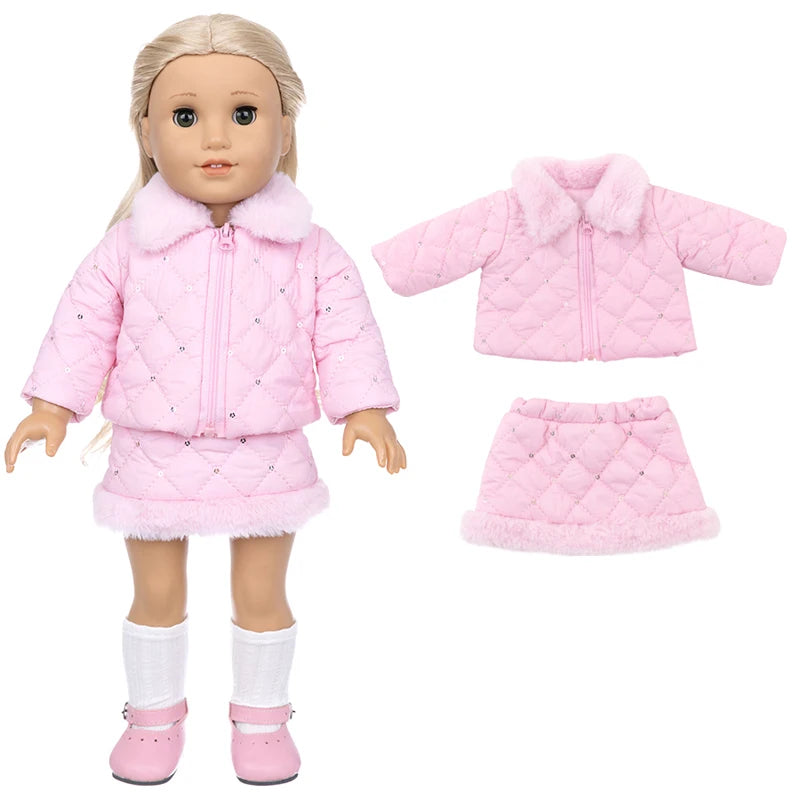 A pink faux fur winter coat and dress outfit for an 18-inch doll, including a jacket and skirt.