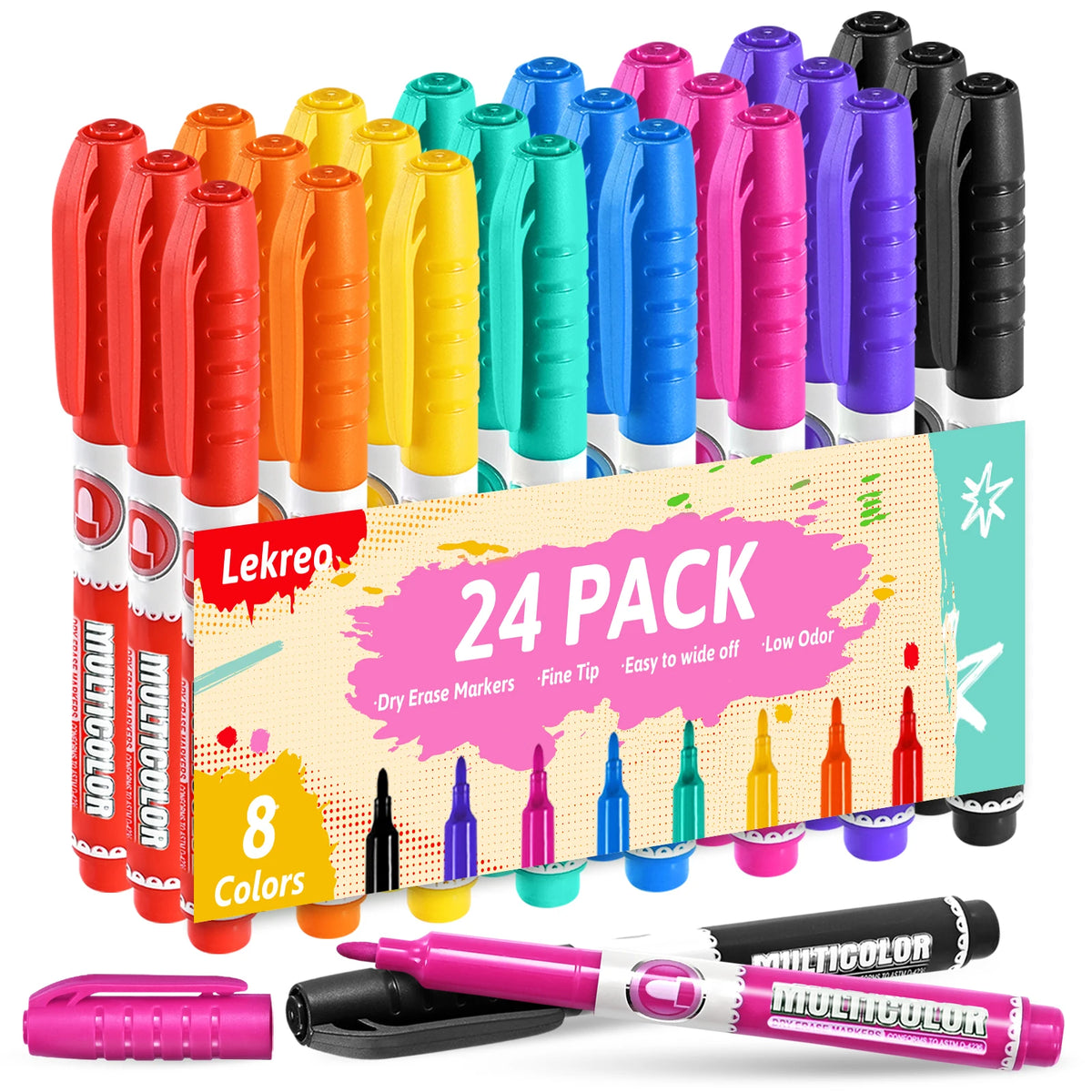 A pack of 24 multicolored dry erase markers with chisel tips in various colors and packaging.