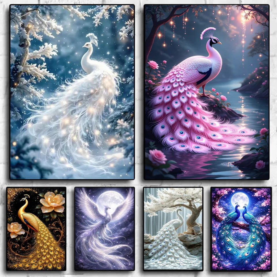A collection of four 5D diamond painting art panels featuring pink and white peacock fantasy designs.