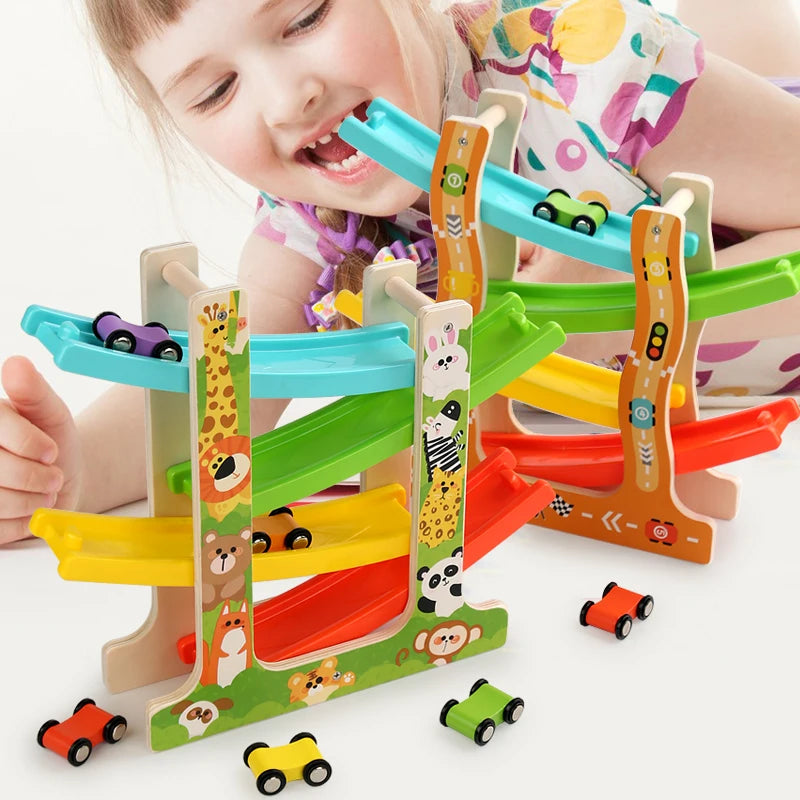 A child is playing with a wooden inertia race track toy set featuring colorful ramps and cars.