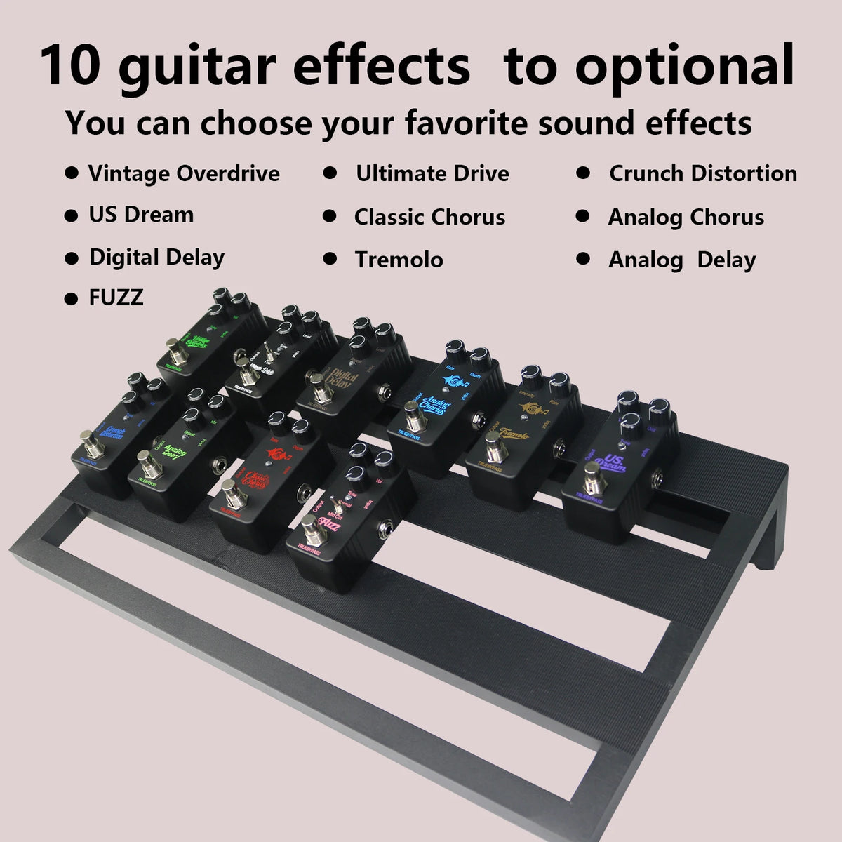 A collection of ten mini guitar effects pedals including vintage overdrive, US dream, and various distortion and chorus effec