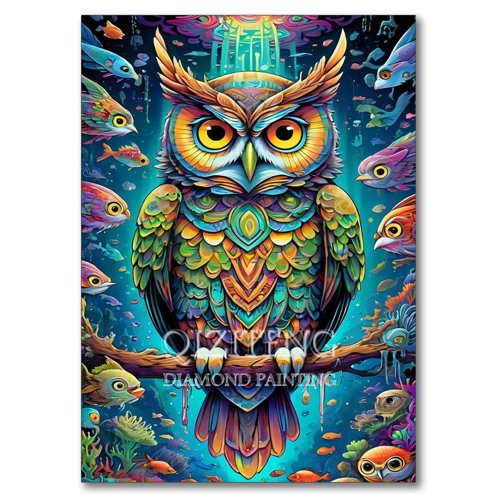 A vibrant diamond painting kit featuring a colorful owl skeleton mosaic art design.