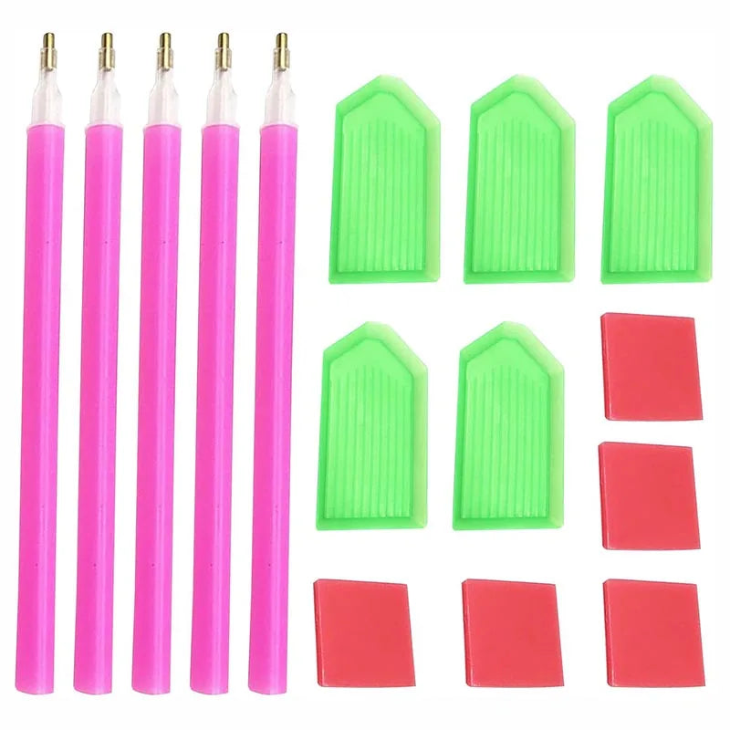 A set of pink and green diamond painting tools including drill pens and square blocks.