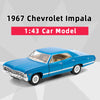 A blue 1:43 scale diecast model of a 1967 Chevrolet Impala car.