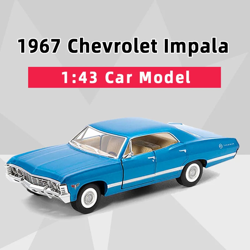 A blue 1:43 scale diecast model of a 1967 Chevrolet Impala car.