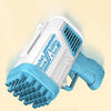 A white and blue rocket boom bubble gun is shown, featuring a green material shell and 32 holes.
