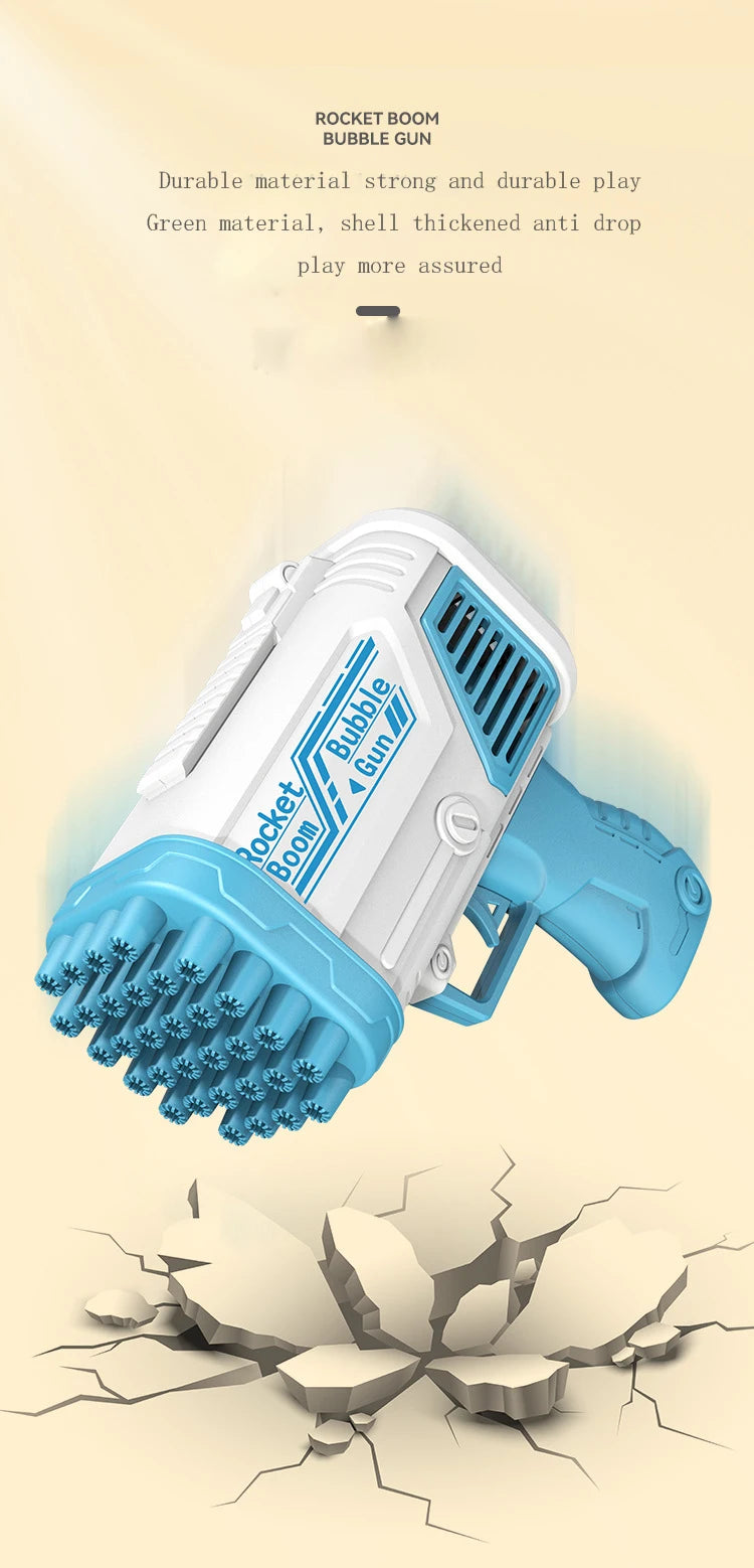 A white and blue rocket boom bubble gun is shown, featuring a green material shell and 32 holes.