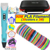 A blue 3D printing pen with an LCD display and a black carrying case, next to colorful PLA filament spools.
