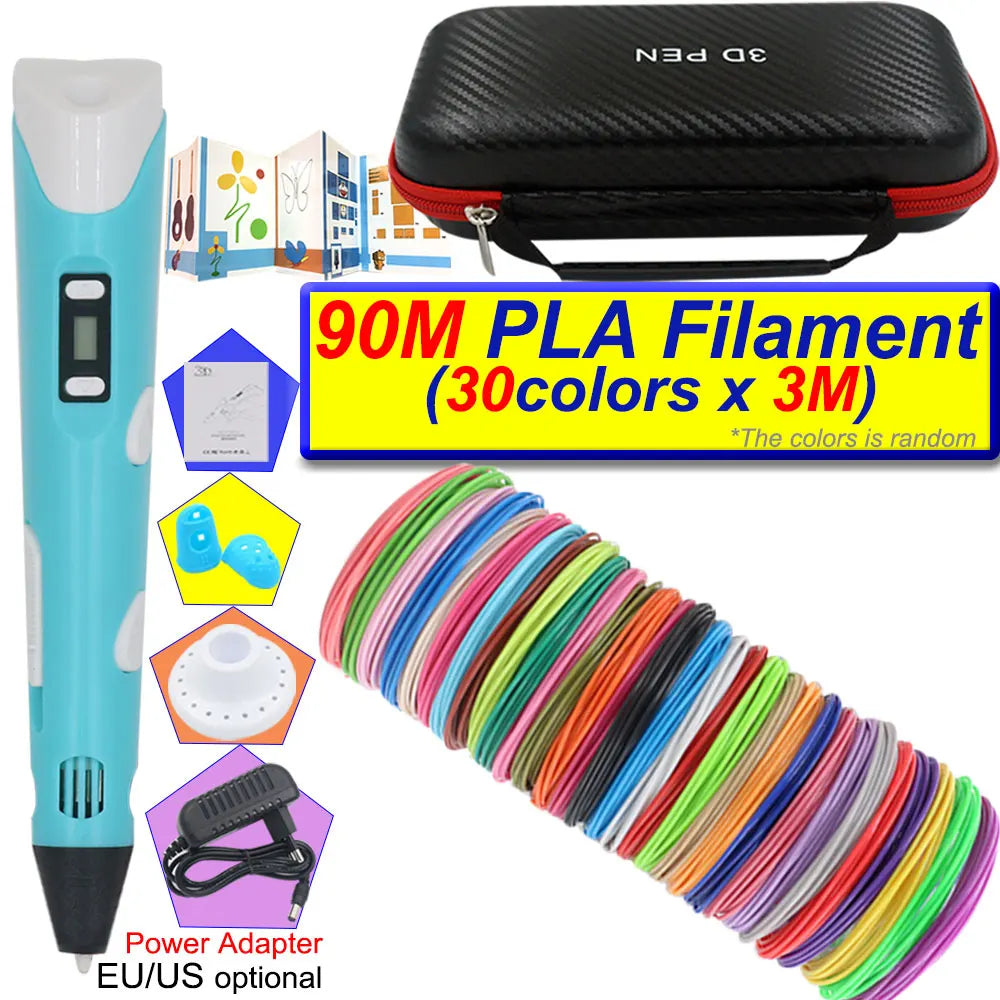 A blue 3D printing pen with an LCD display and a black carrying case, next to colorful PLA filament spools.