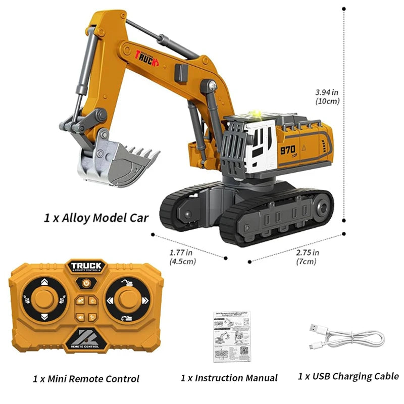 A yellow 1:64 scale remote control excavator model with an attached mini remote control and accessories.